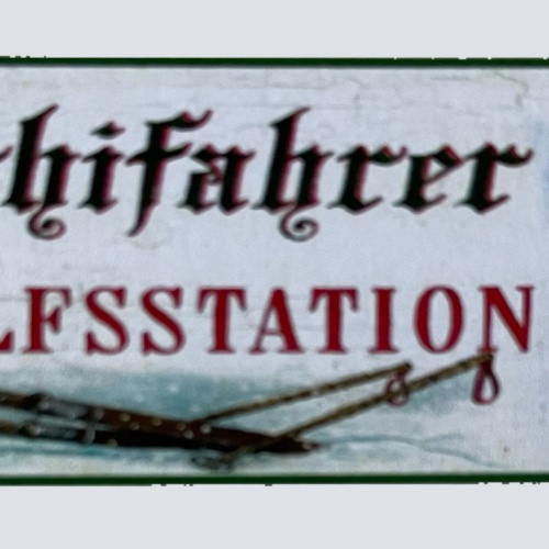 Nostalgie Holzschild Schifahrer Hilfsstation Jause Pause Alkohol Bier Schild