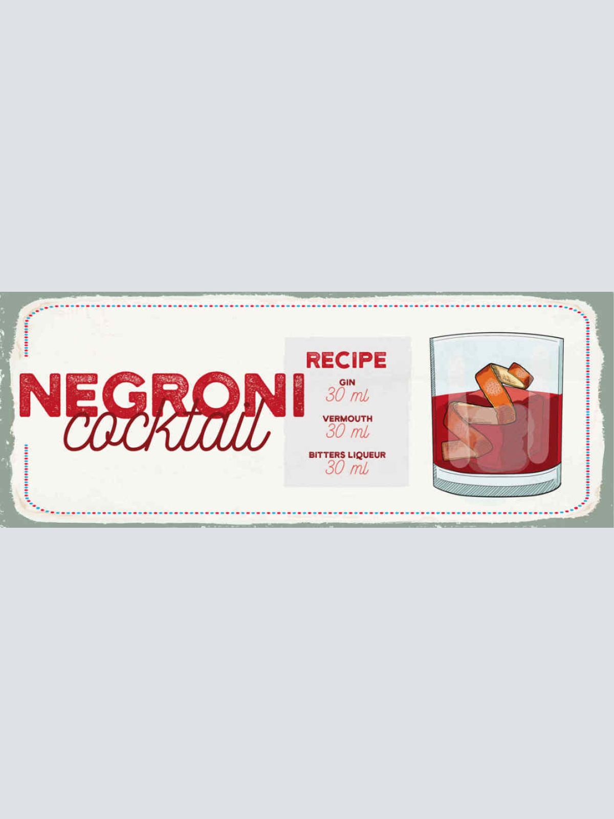 Schild Negroni Cocktail Rezept Bar Alkohol Drink Gin Wermut 27x10 Blech od.Holz