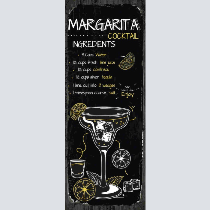 Schild Margarita Cocktail Rezept Bar Alkohol Drink Tequila 27x10 Blech od.Holz
