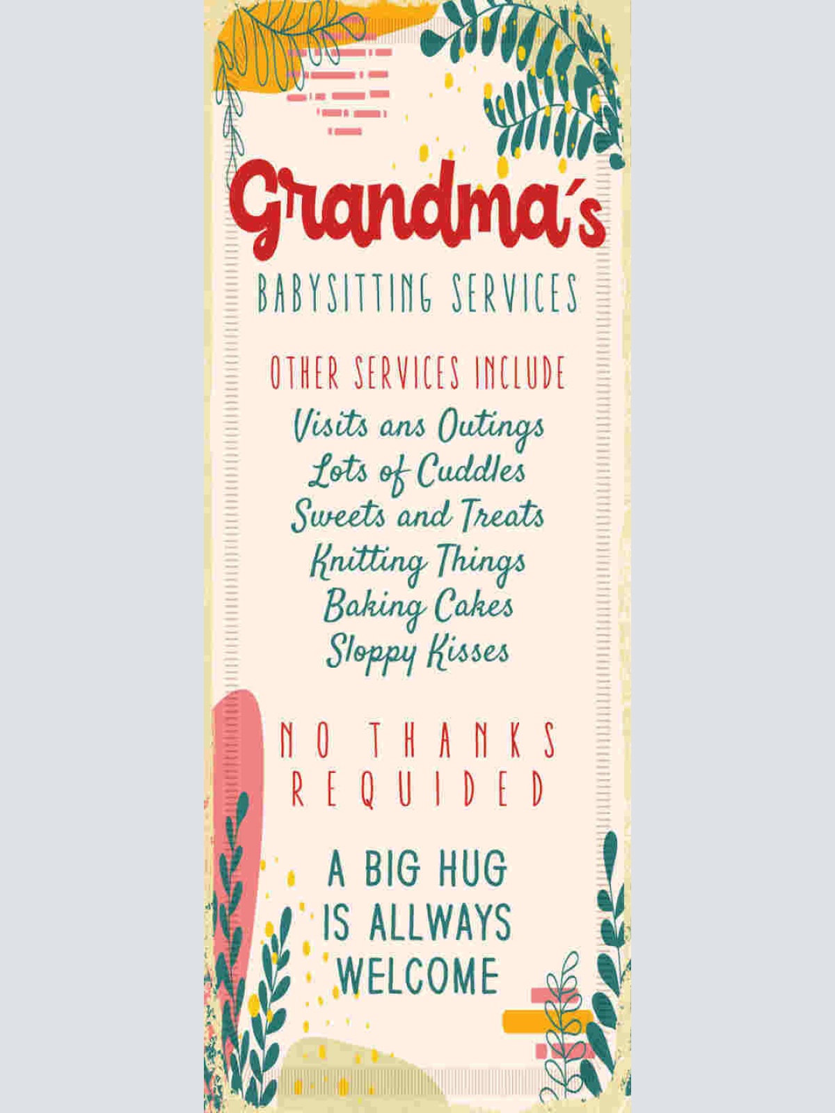 Schild Grandma's Baby Sitting Services Oma Kind Großmutter 27x10 Blech od.Holz