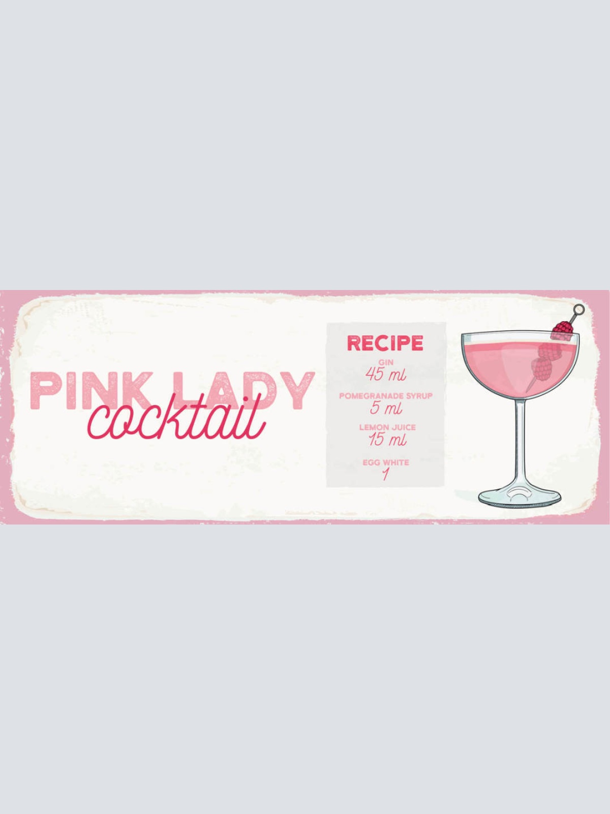 Schild Pink Lady Cocktail Rezept Bar Alkohol Drink Gin Wermut 27x10Blech od.Holz