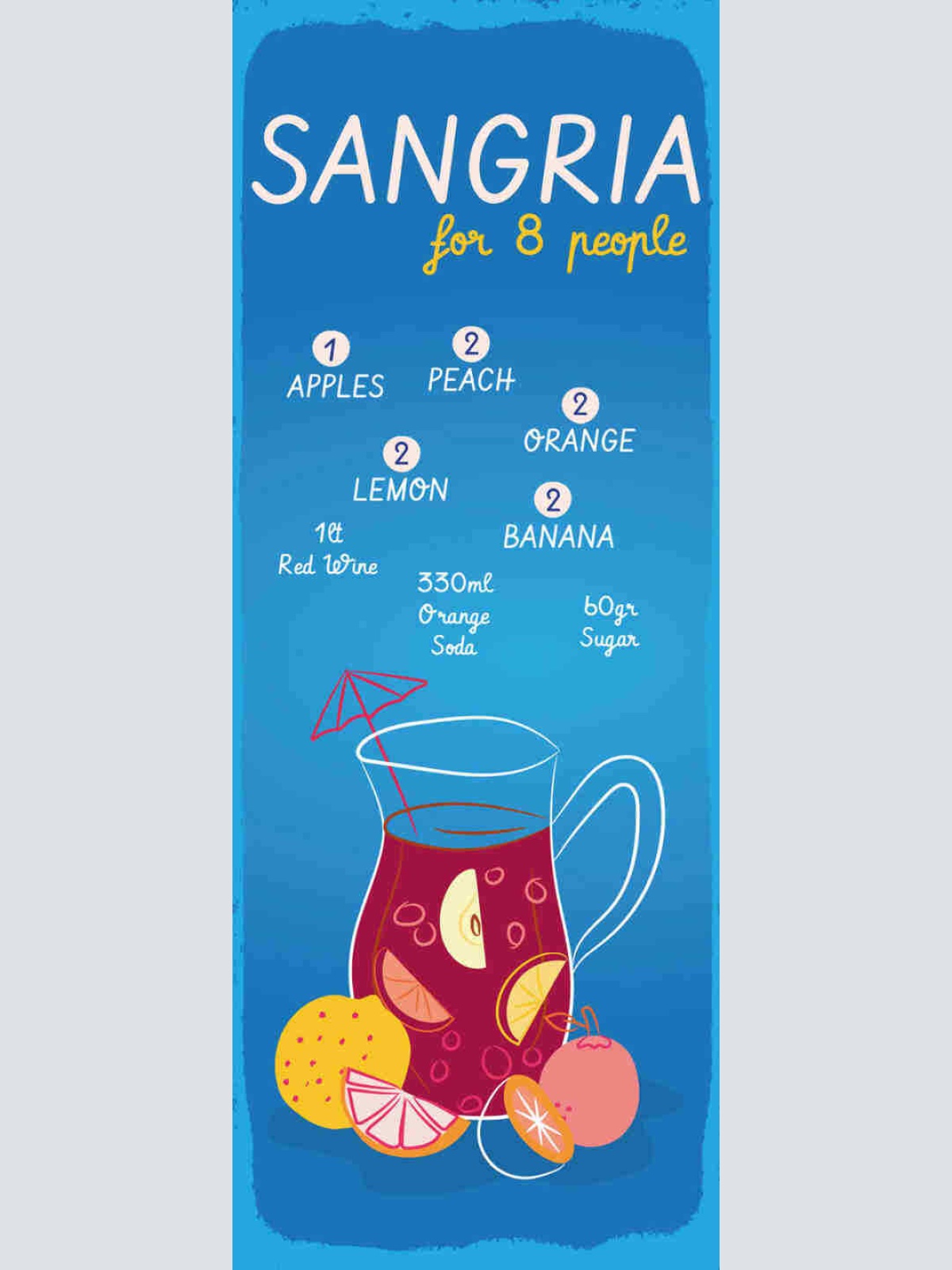 Schild Sangria Rezept Bar Alkohol Drink Rotwein Früchte 27x10 Blech od.Holz