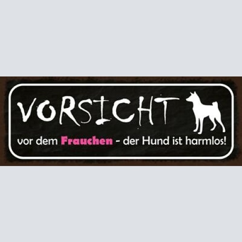 Schild vorsicht vor dem frauchen der hund ist harmlos 27x10 blech od.holz