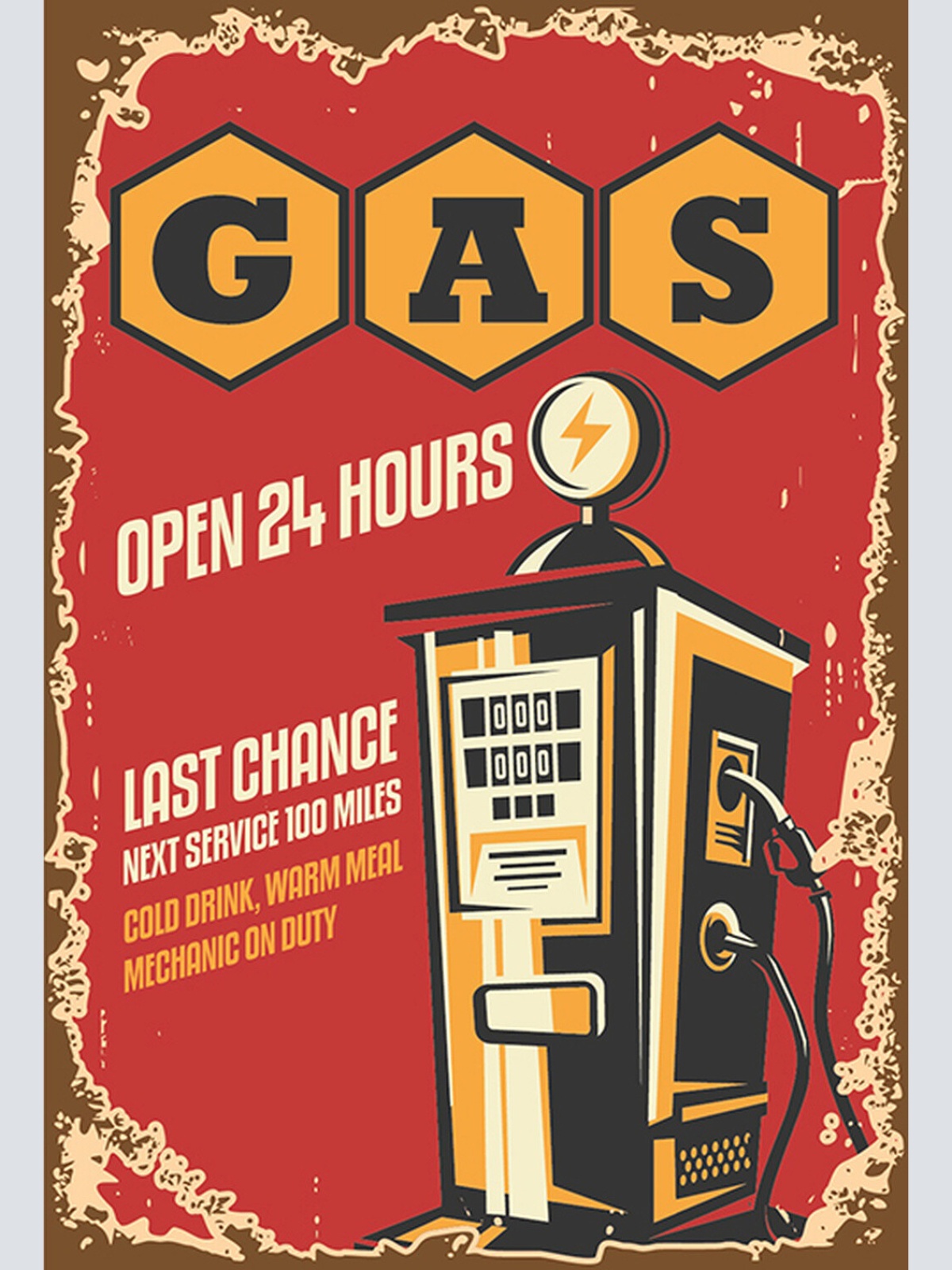 Schild Spruch Gas Benzin Tankstelle open 24 hours Immer geöffnet Comic JW