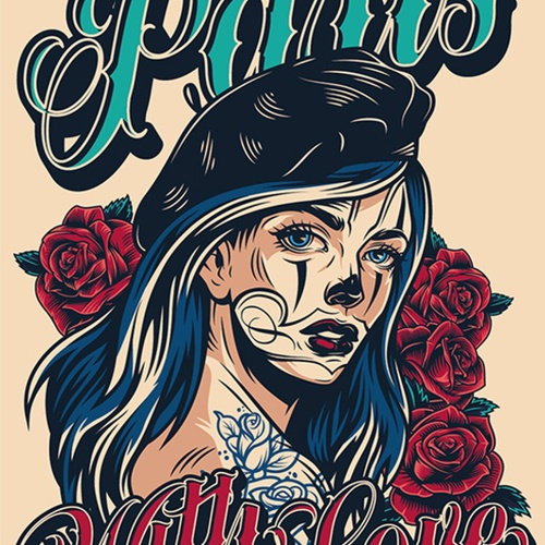 Schild Spruch From Paris with Love Liebesgrüße aus Paris Tattoo Frau Comic JW