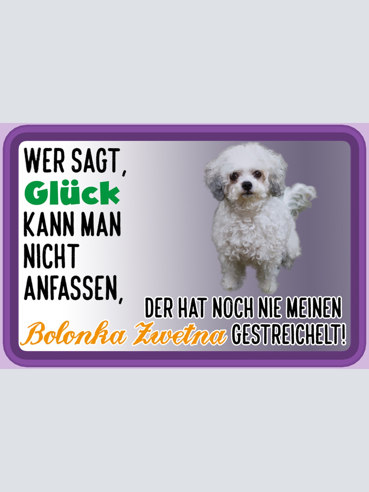 Schild Spruch Wer sagt Glück kann nicht anfassen Bolonka Zwetna gestreichelt JW