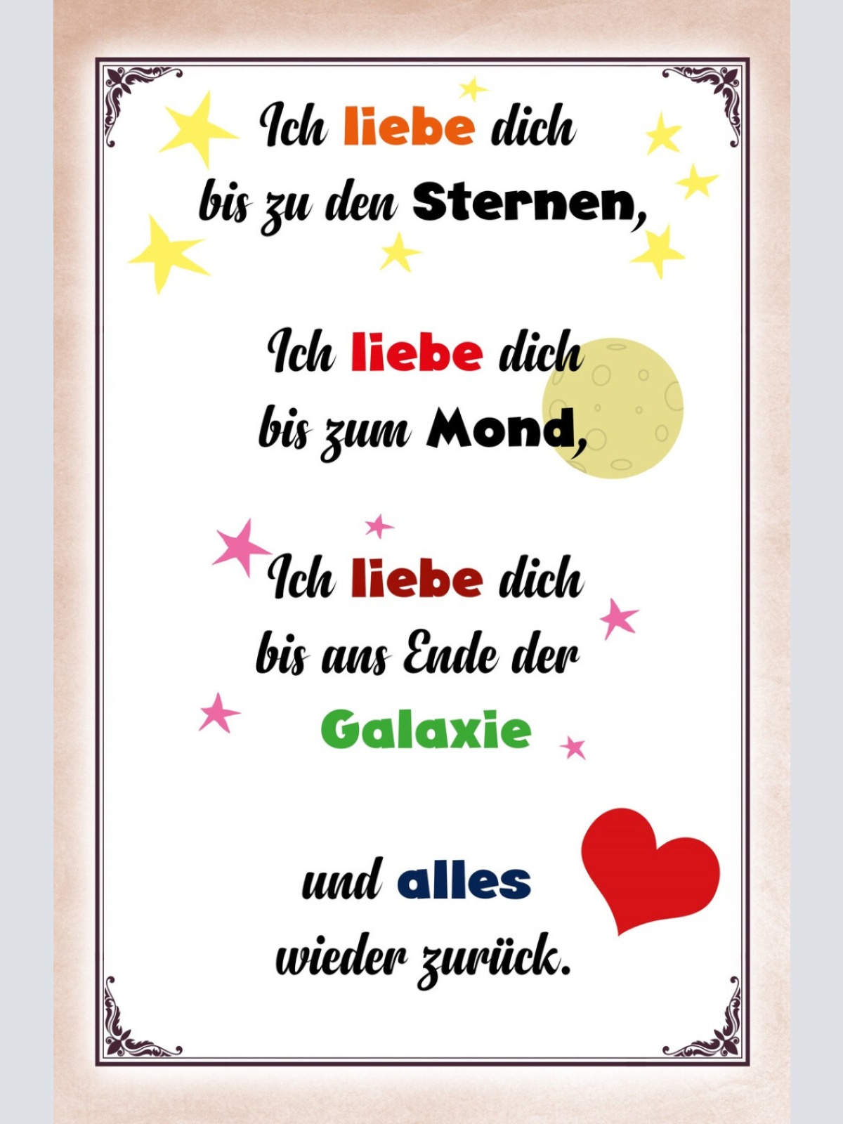 Schild Spruch ich liebe dich bis zu den Sternen und alles wieder zurück JW