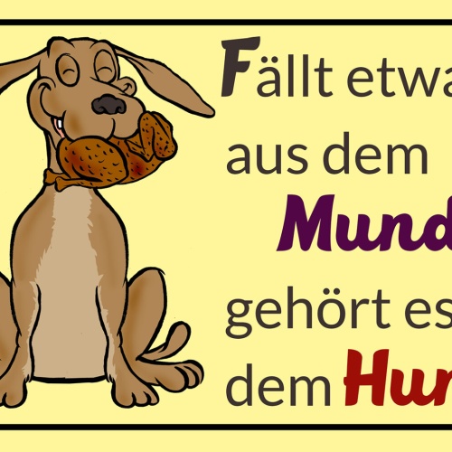 Schild Spruch Fällt etwas aus dem Mund Gehört es dem Hund Essen Comic JW