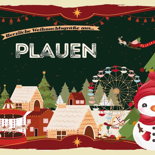 Schild Spruch Herzliche Weihnachtsgrüße aus Plauen Comic Schneemann JW