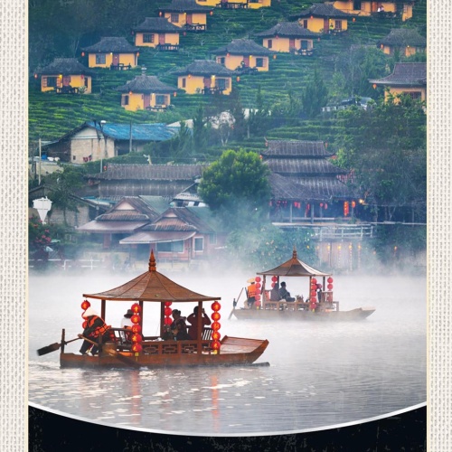 Schild Spruch Thailand Boote Meer Hügel Häuser Dorf JW