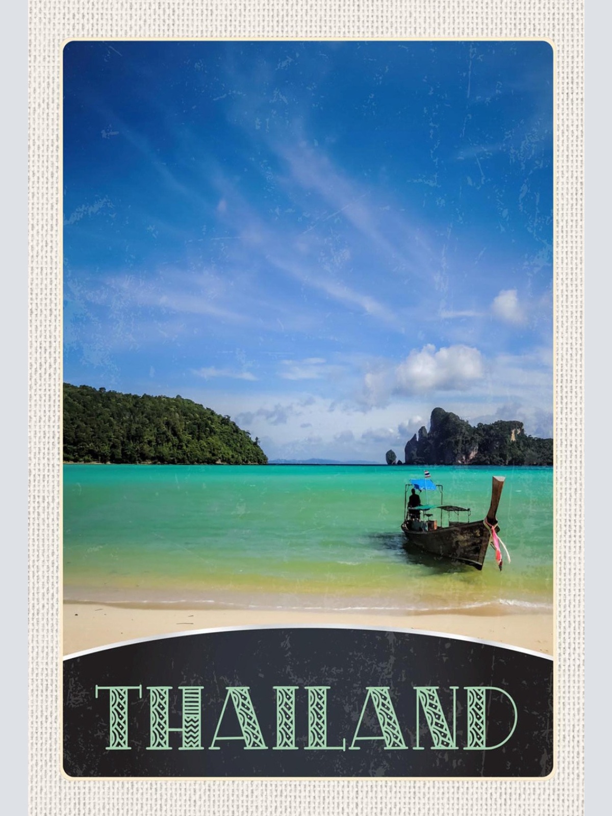 Schild Spruch Thailand Boot Meer Hügel Insel Strand JW