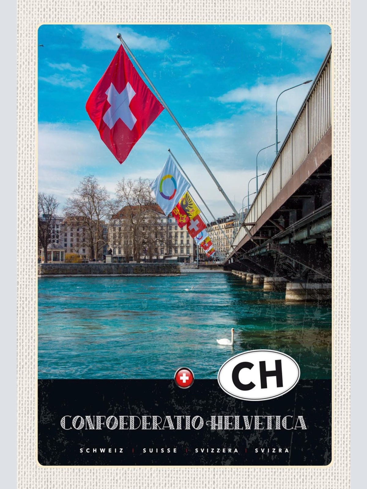 Schild Spruch Confoederatio Helvetica Switzerland Schweiz Brücke Flaggen JW