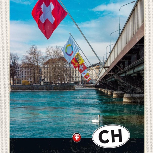 Schild Spruch Confoederatio Helvetica Switzerland Schweiz Brücke Flaggen JW