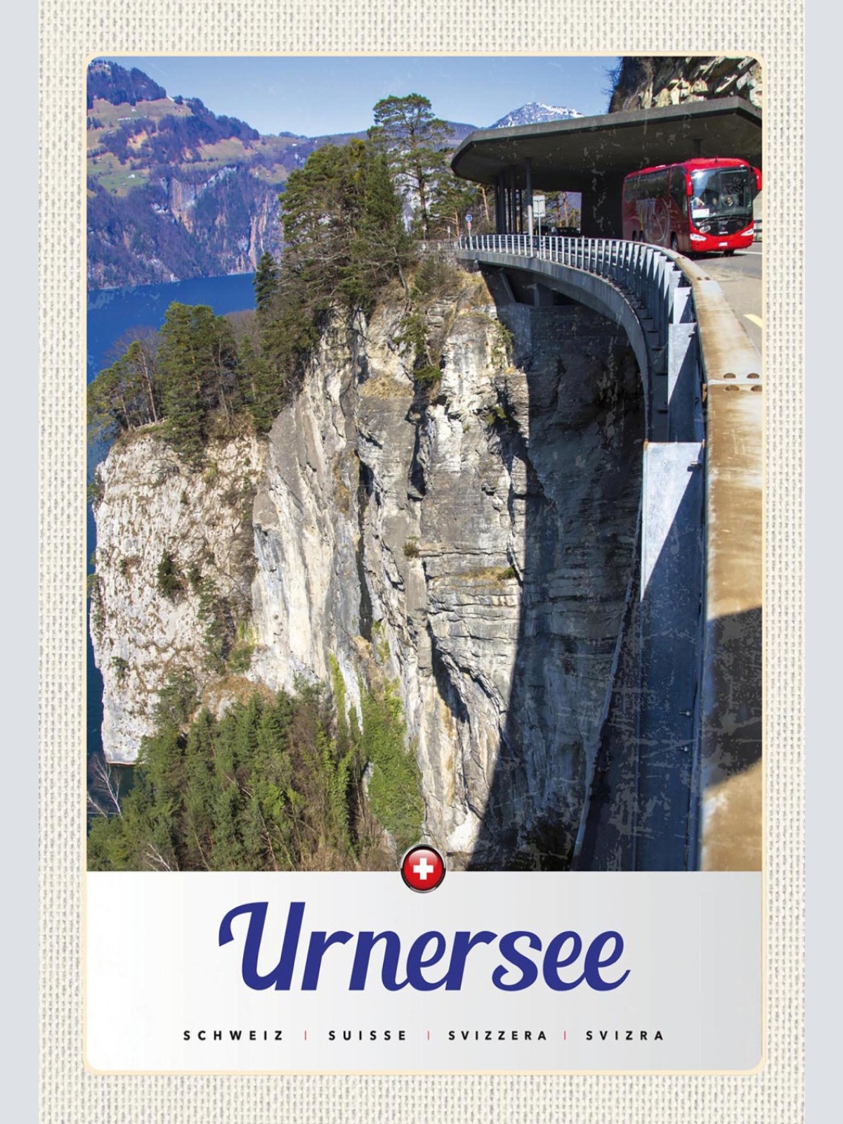 Schild Spruch Urnersee Switzerland Schweiz Felsen Berge Uferweg Bus JW