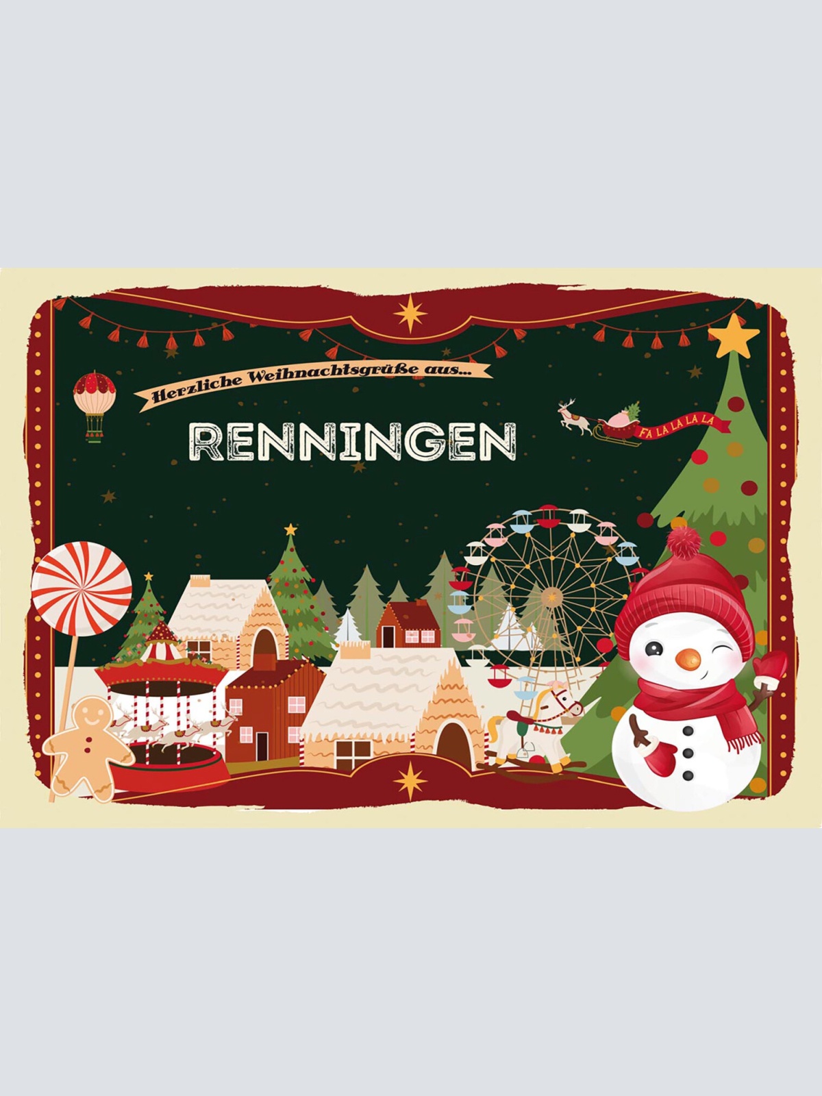 Schild Spruch Herzliche Weihnachtsgrüße aus Renningen Comic Schneemann JW