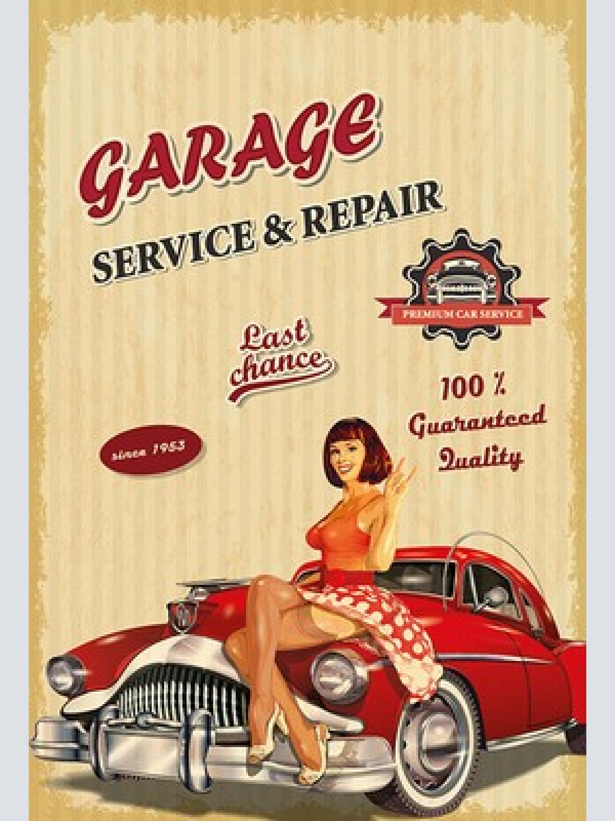 Schild Spruch Garage Service and Repair Autowerkstatt Frau Sexy Oldtimer JW
