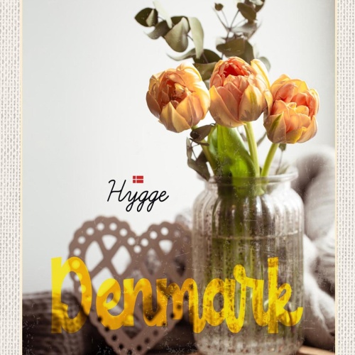 Schild Spruch Hygge Denmark Dänemark Blumen Herz JW