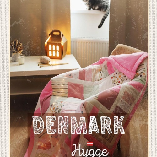 Schild Spruch Hygge Denmark Dänemark Katze Sessel JW