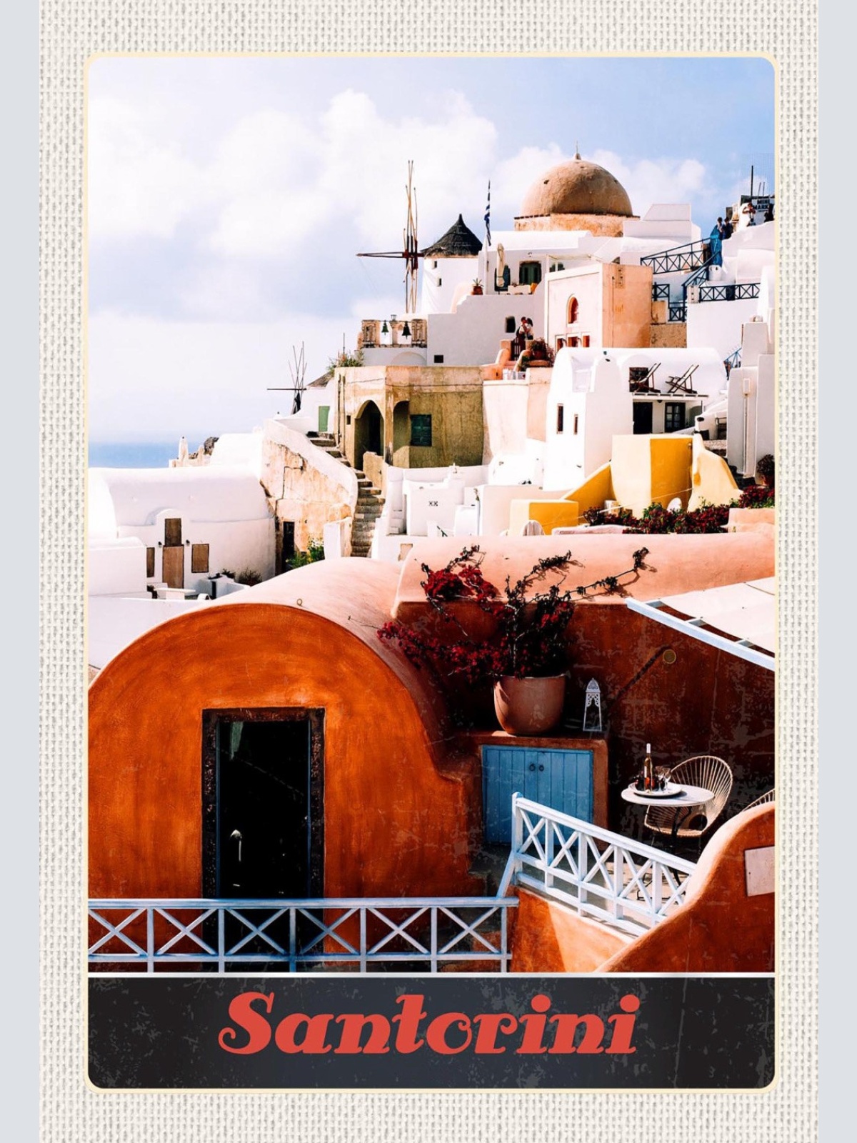 Schild Spruch Santorini Santorin Griechenland Häuser Meer JW