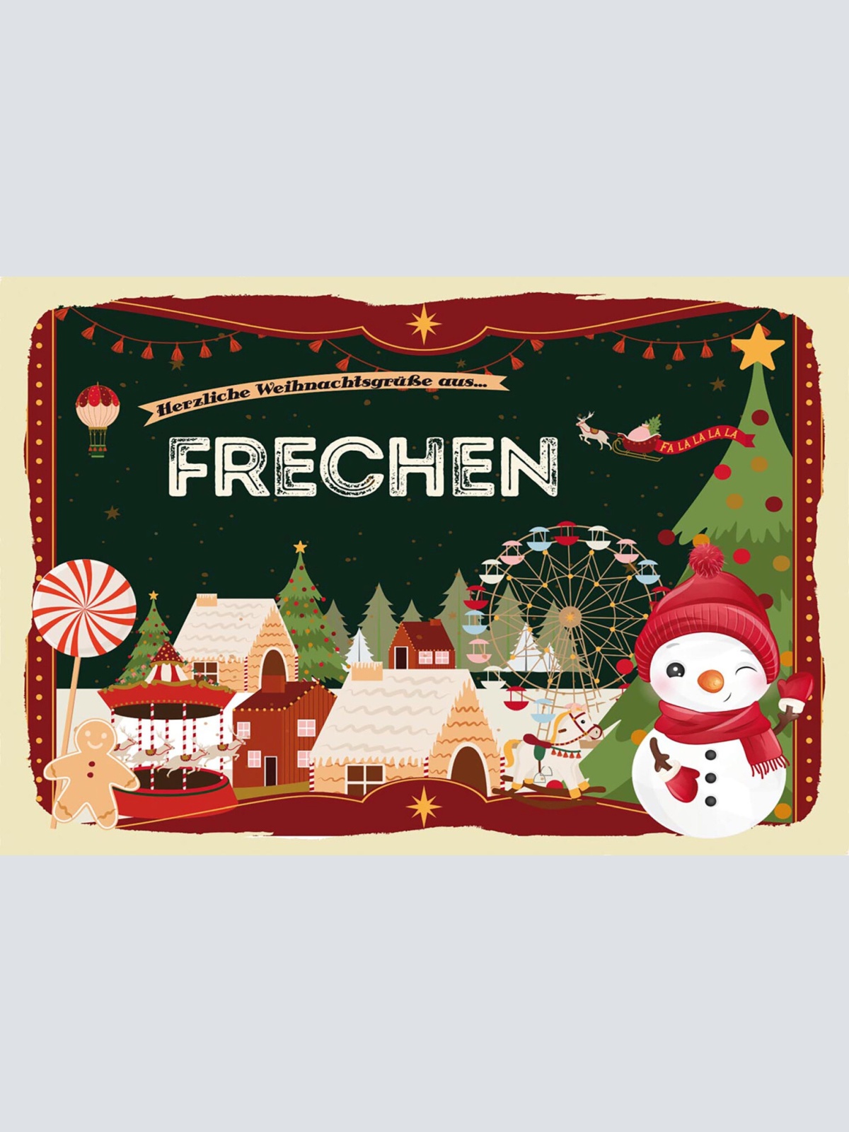Schild Spruch Herzliche Weihnachtsgrüße aus Frechen Comic Schneemann JW