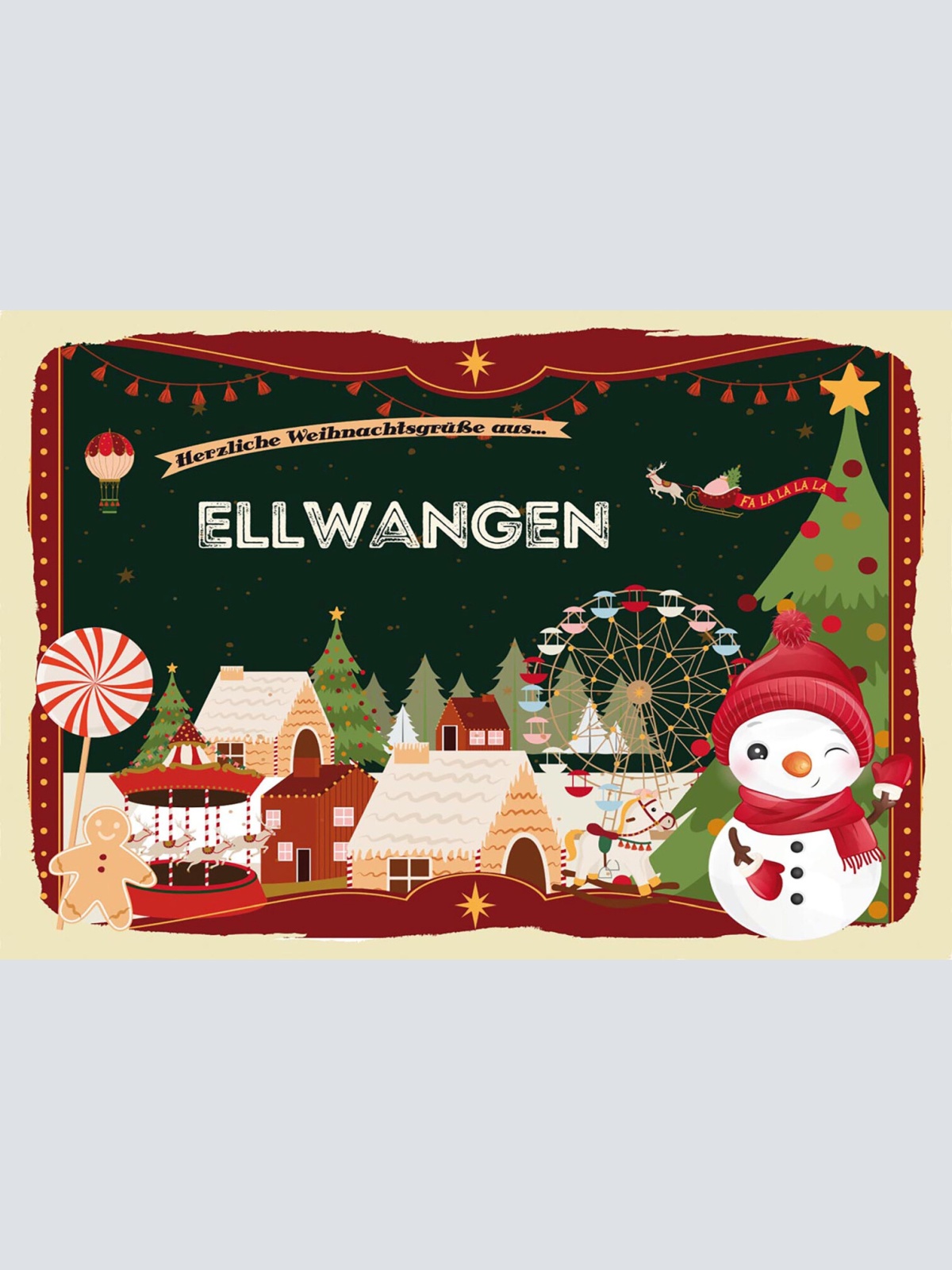 Schild Spruch Herzliche Weihnachtsgrüße aus Ellwangen Comic Schneemann JW