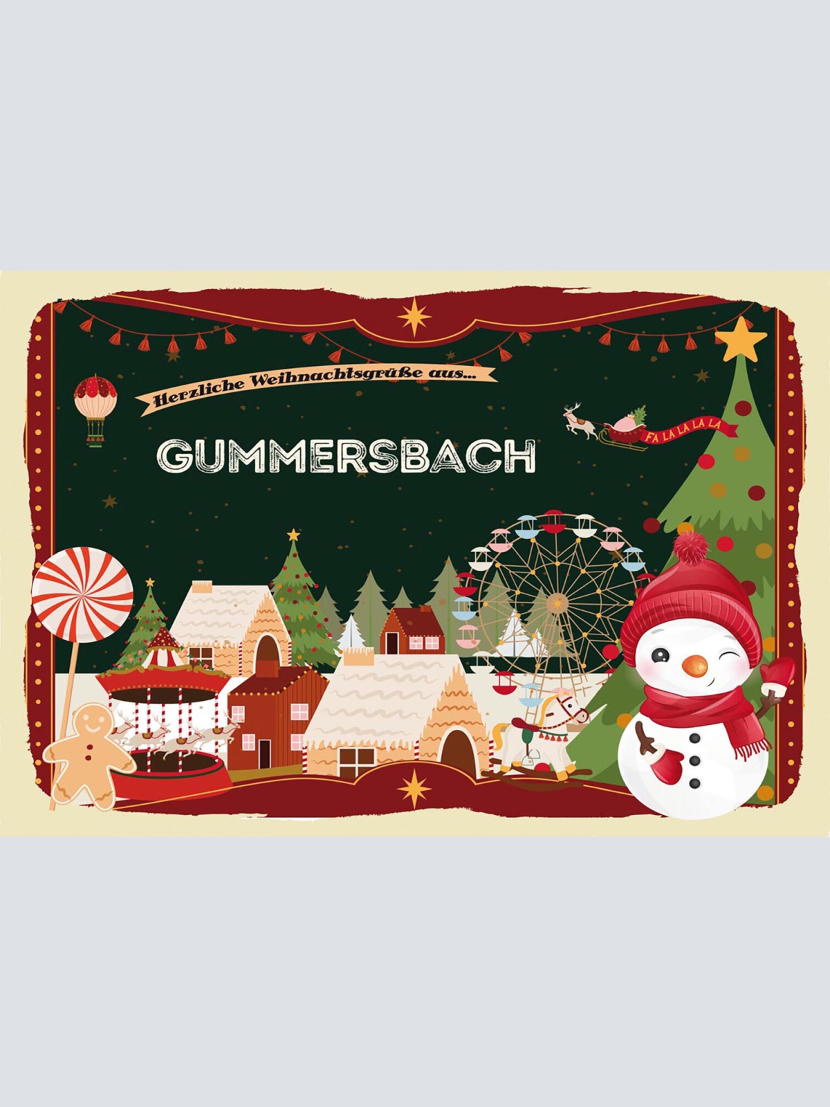 Schild Spruch Herzliche Weihnachtsgrüße aus Gummersbach Comic Schneemann JW