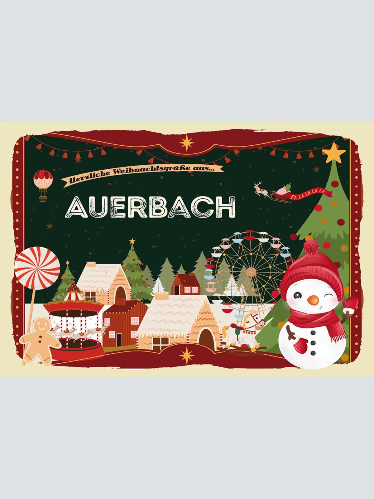 Schild Spruch Herzliche Weihnachtsgrüße aus Auerbach Comic Schneemann JW