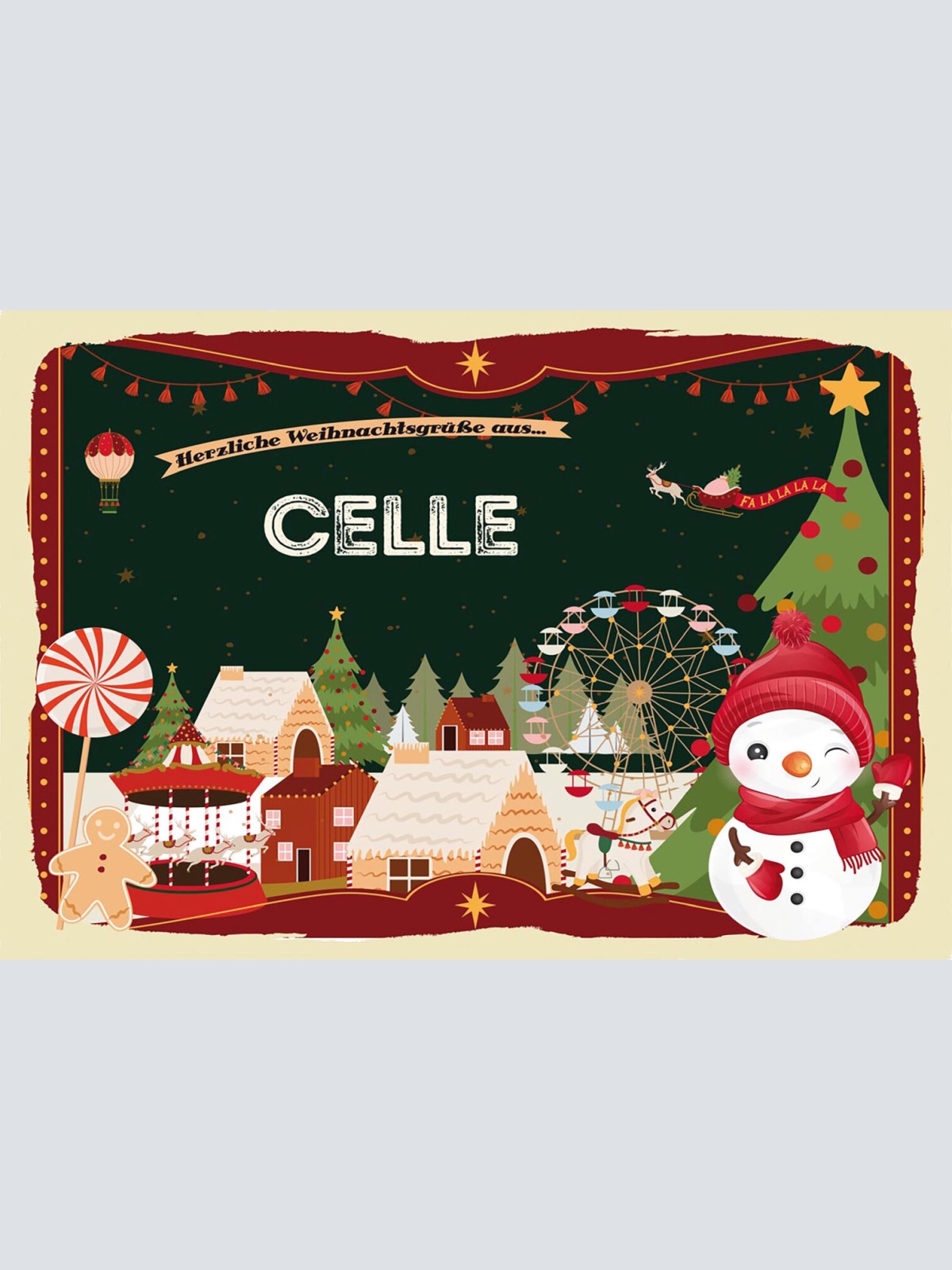 Schild Spruch Herzliche Weihnachtsgrüße aus Celle Comic Schneemann JW