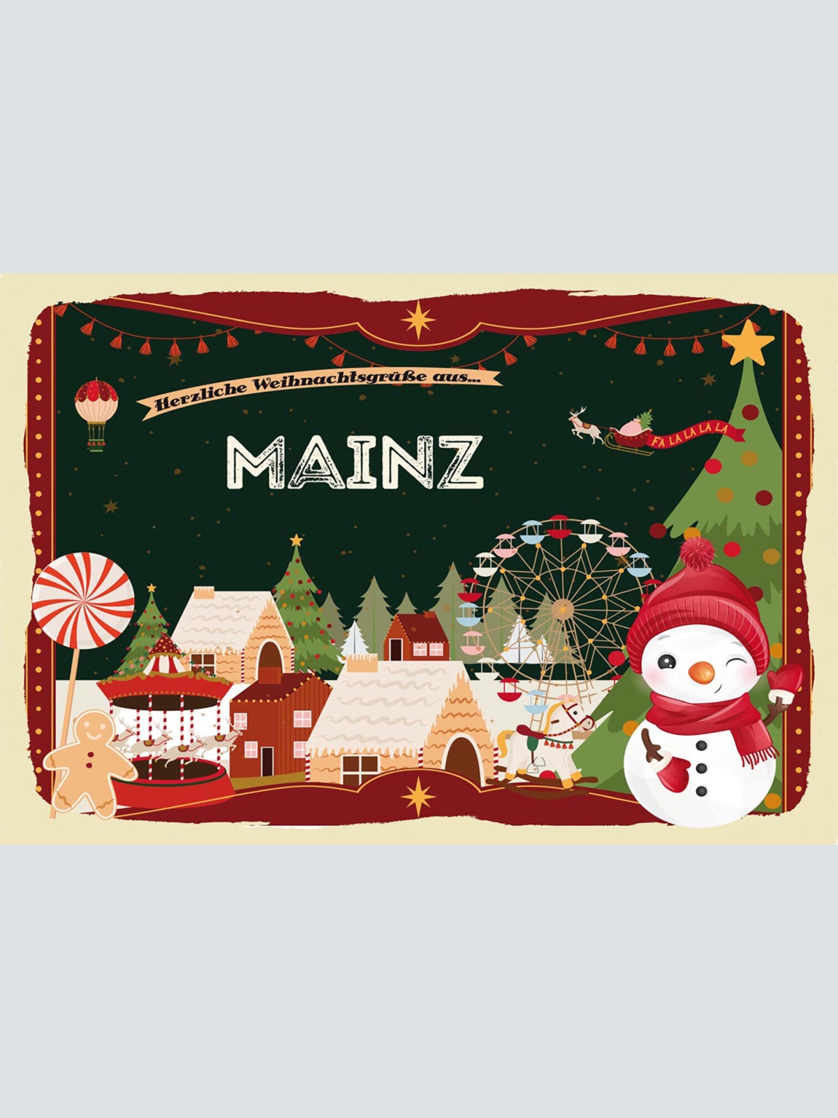 Schild Spruch Herzliche Weihnachtsgrüße aus Mainz Comic Schneemann JW