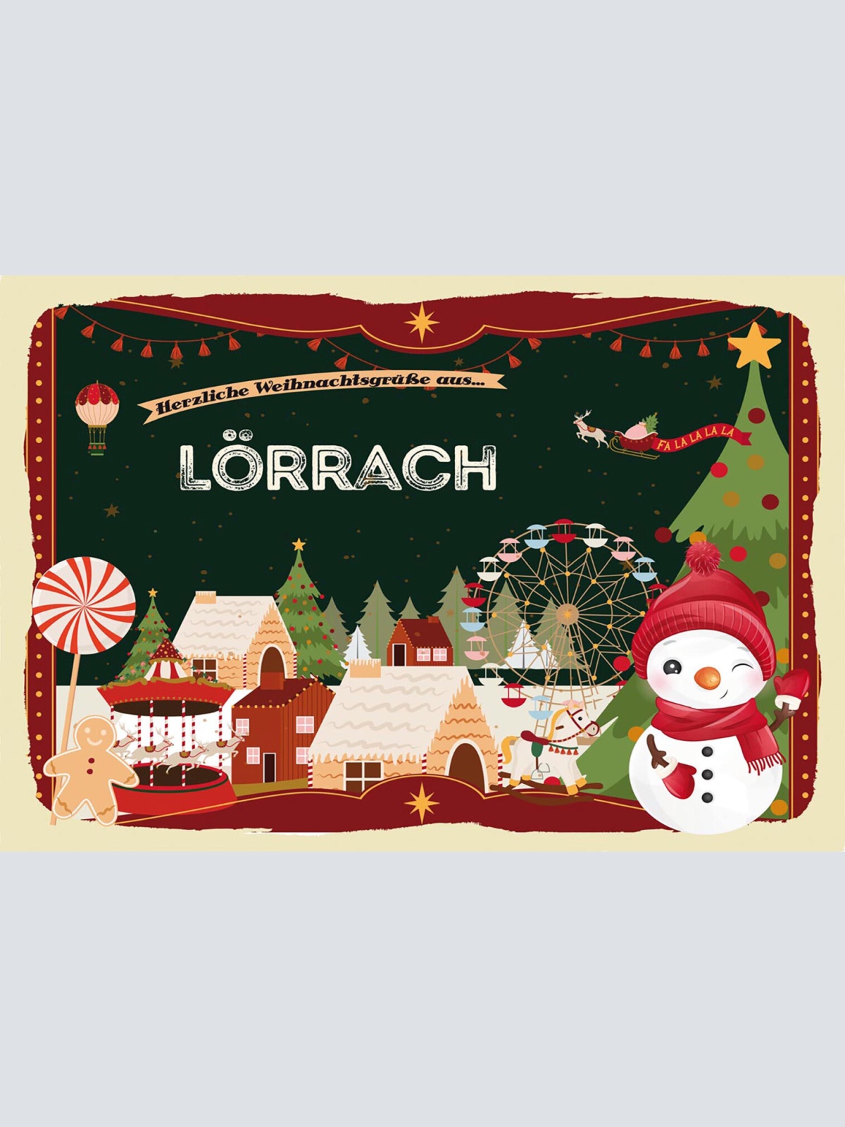 Schild Spruch Herzliche Weihnachtsgrüße aus Lörrach Comic Schneemann JW