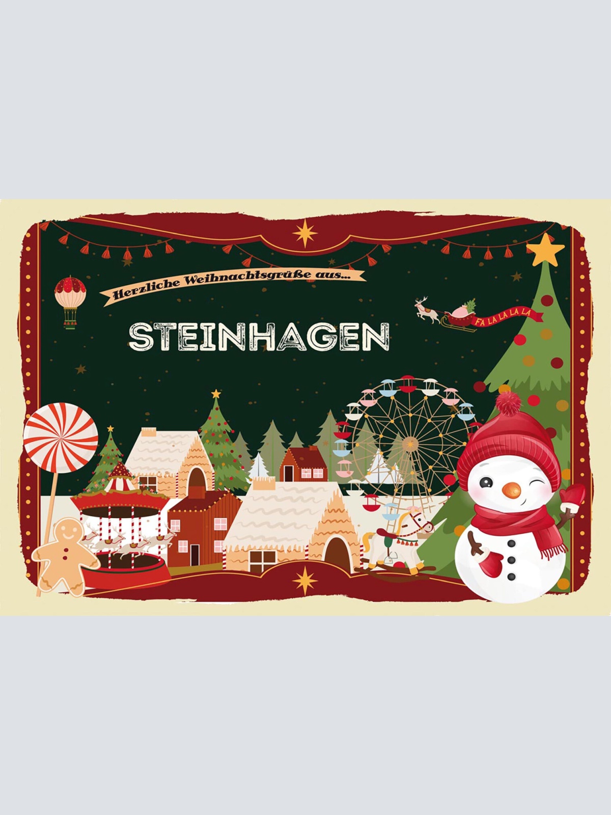 Schild Spruch Herzliche Weihnachtsgrüße aus Steinhagen Comic Schneemann JW