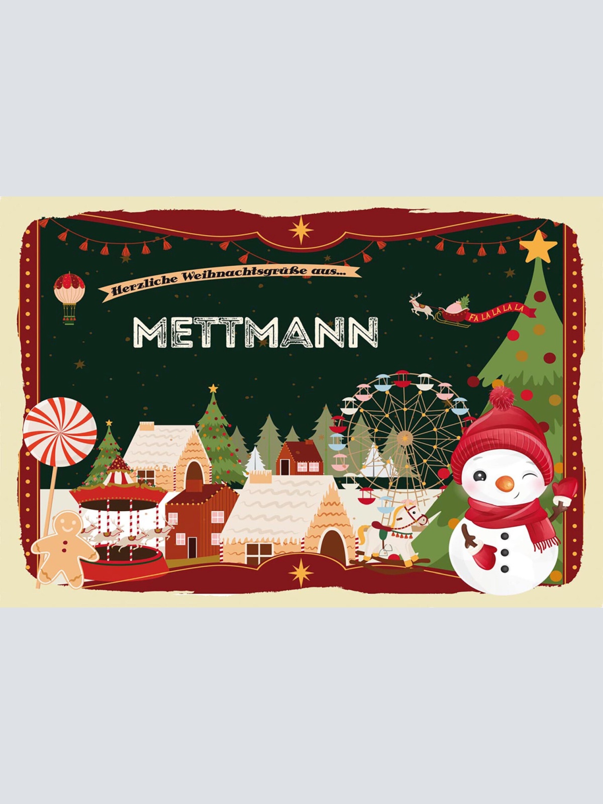 Schild Spruch Herzliche Weihnachtsgrüße aus Mettmann Comic Schneemann JW