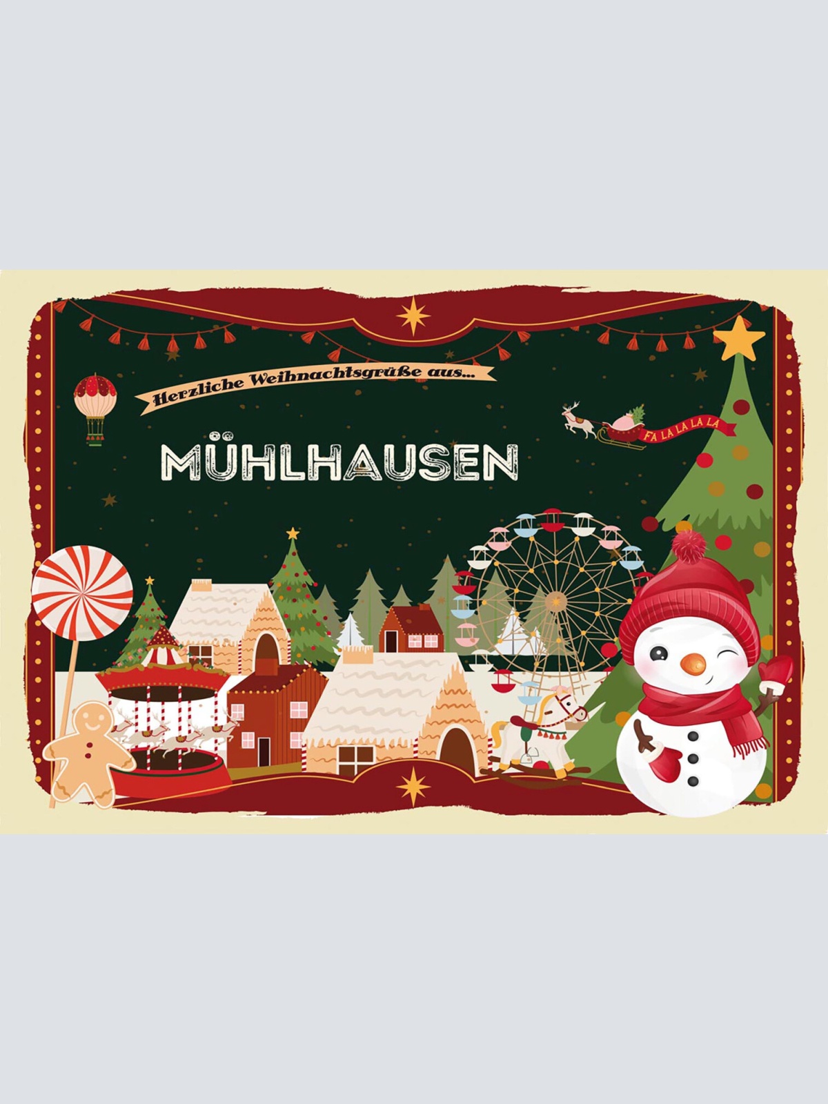 Schild Spruch Herzliche Weihnachtsgrüße aus Mühlhausen Comic Schneemann JW