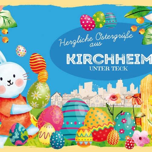 Schild Spruch Herzliche Ostergrüße aus Kirchheim unter Teck Osterhase Comic JW