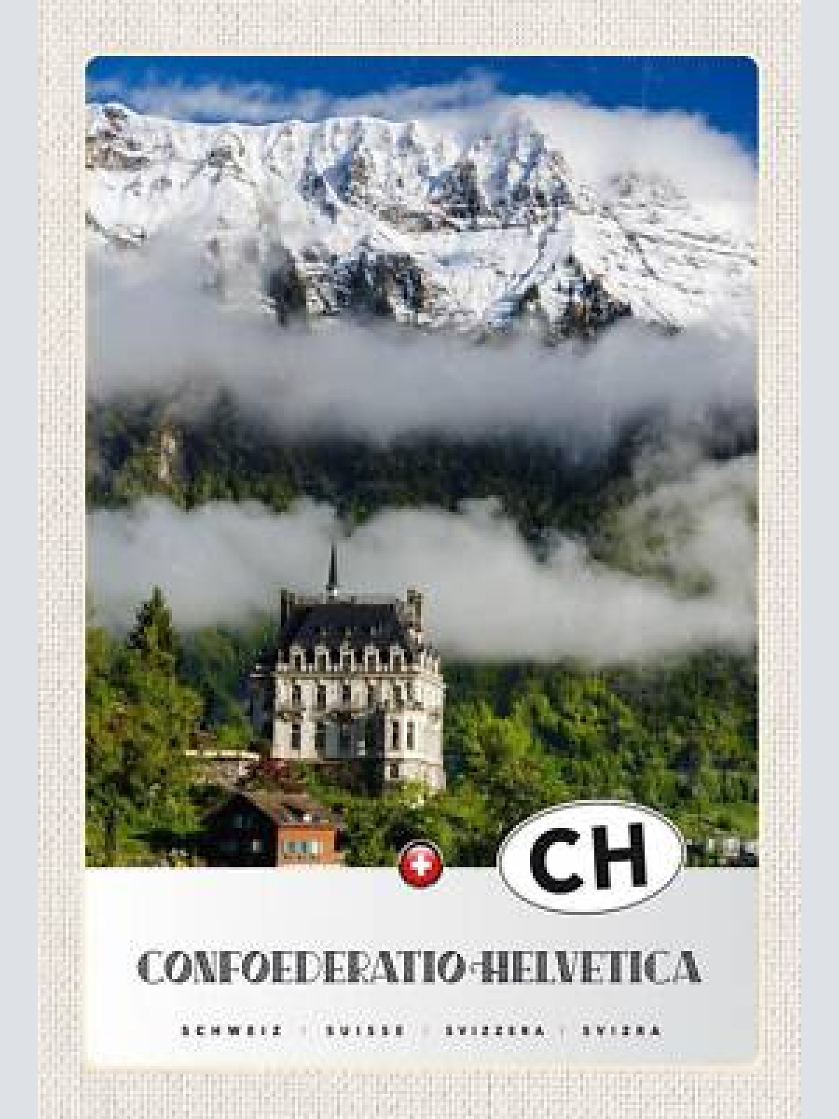Schild spruch confoederatio helvetica switzerland schweiz berge schloss wald jw