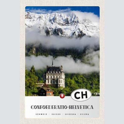 Schild spruch confoederatio helvetica switzerland schweiz berge schloss wald jw