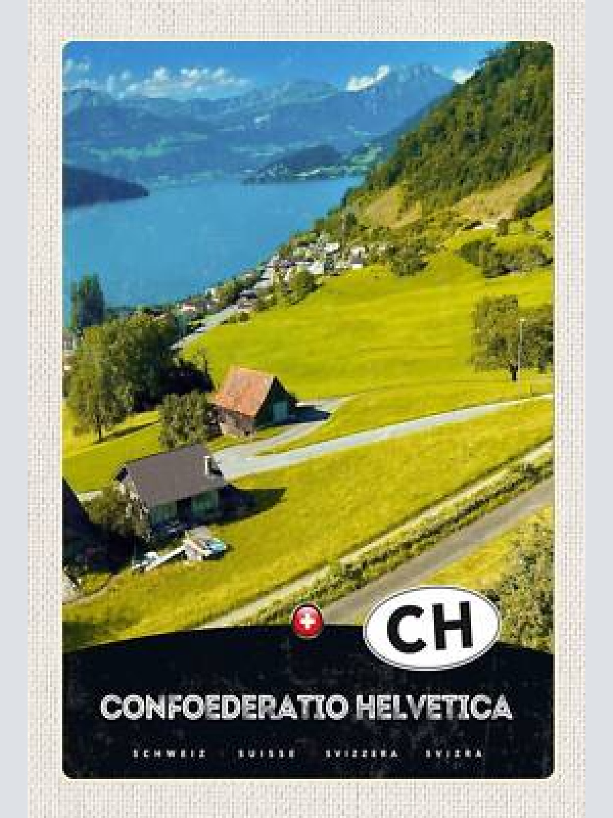 Schild spruch confoederatio helvetica switzerland schweiz see berge dorf jw