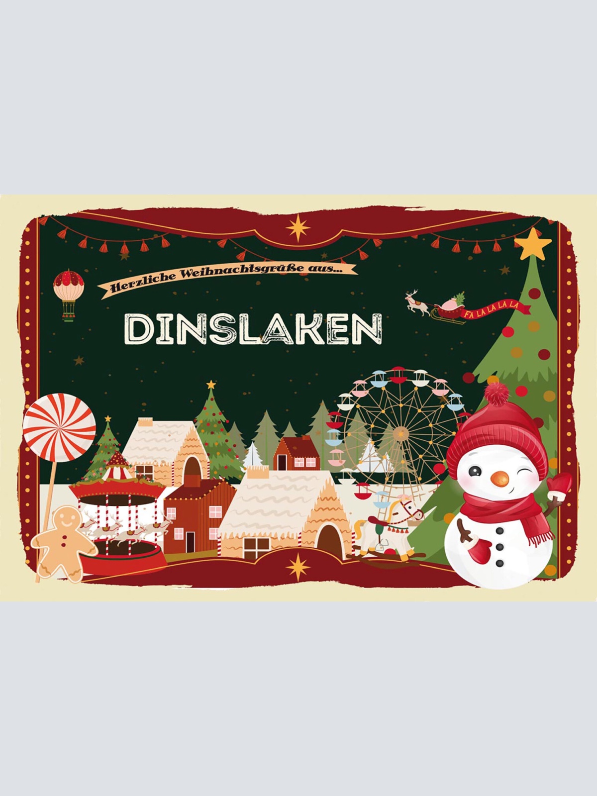 Schild Spruch Herzliche Weihnachtsgrüße aus Dinslaken Comic Schneemann JW