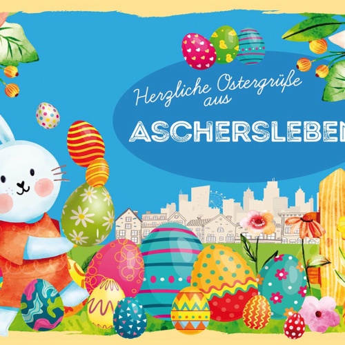 Schild Spruch Herzliche Ostergrüße aus Aschersleben Osterhase Eier Comic JW