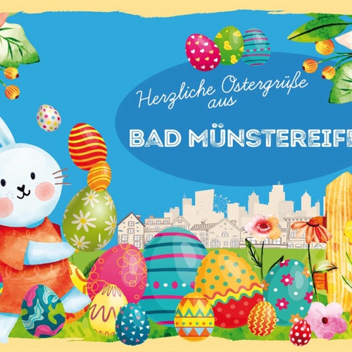 Schild Spruch Herzliche Ostergrüße aus Bad Münstereifel Osterhase Eier Comic JW