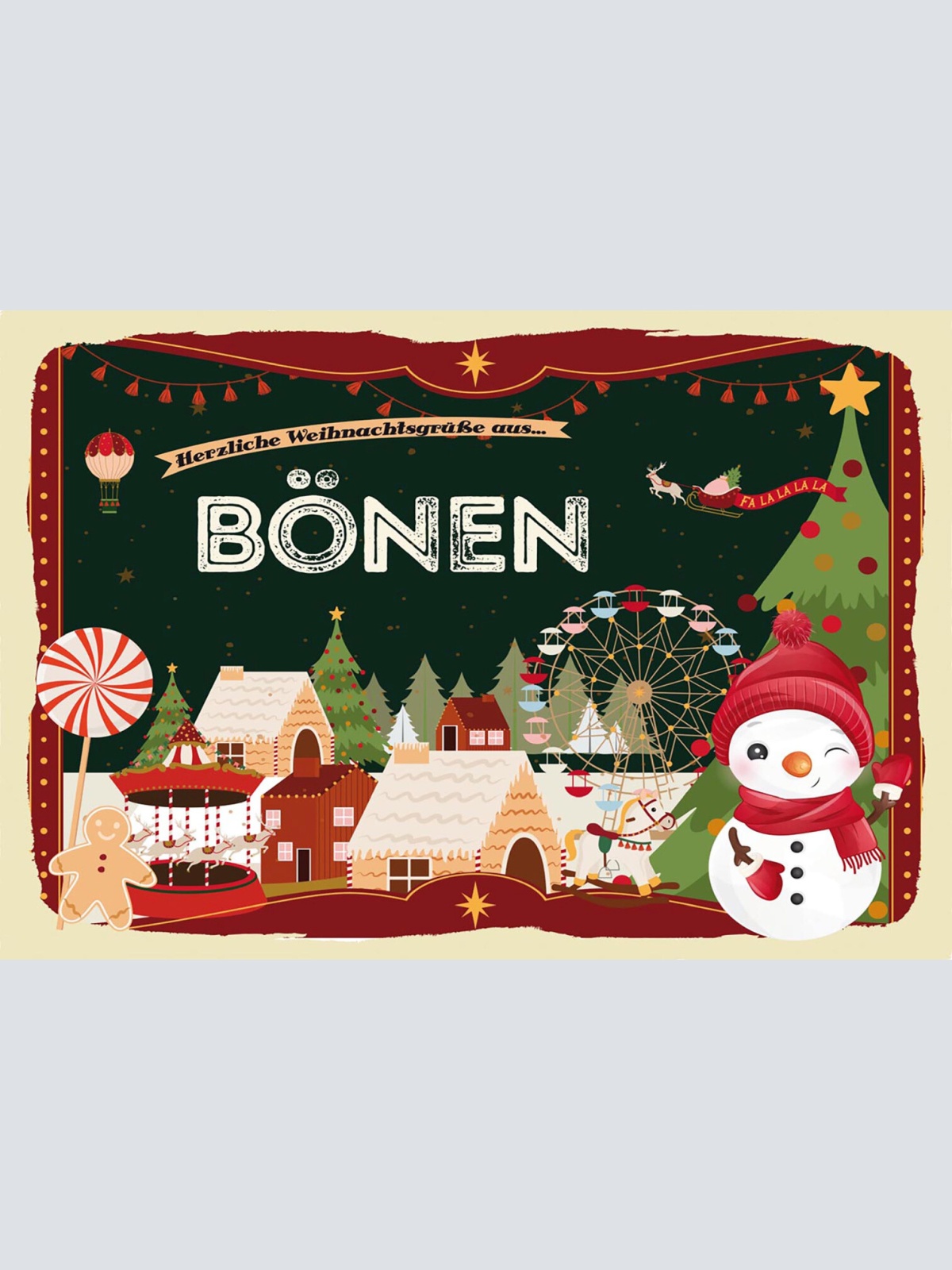 Schild Spruch Herzliche Weihnachtsgrüße aus Bönen Comic Schneemann JW