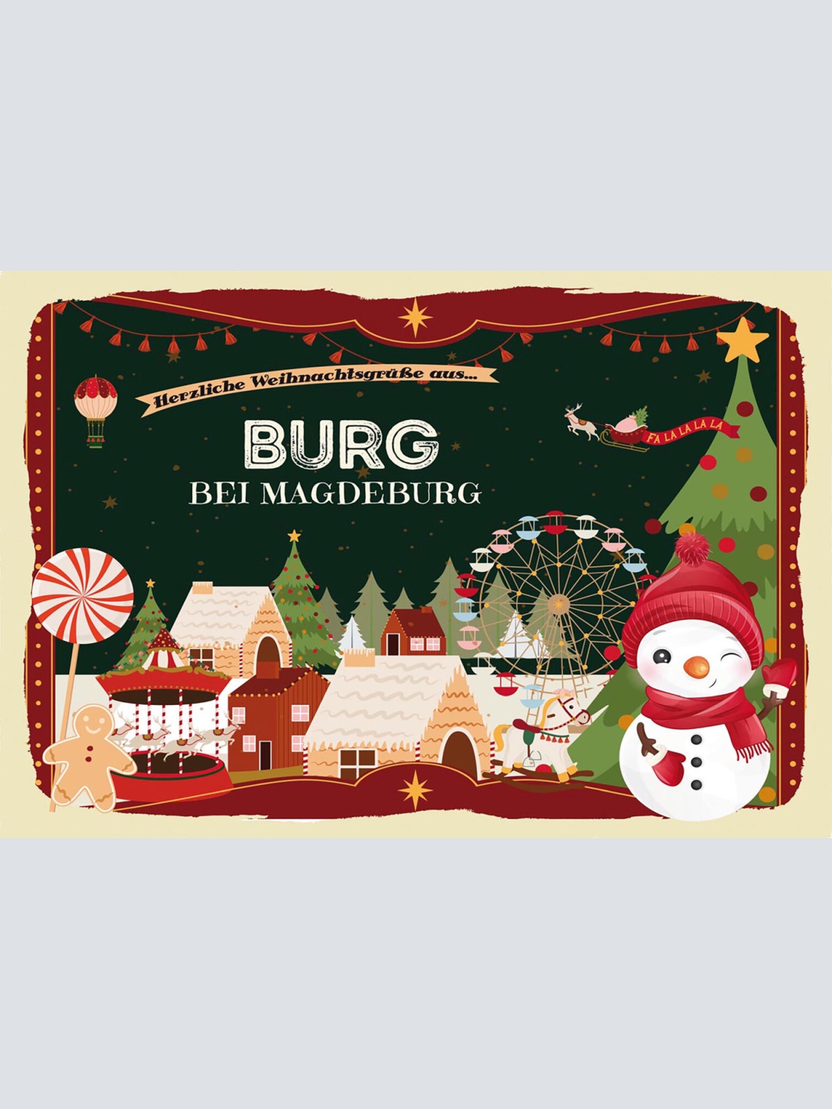 Schild Spruch Herzliche Weihnachtsgrüße aus Burg aus Magdeburg Comic JW