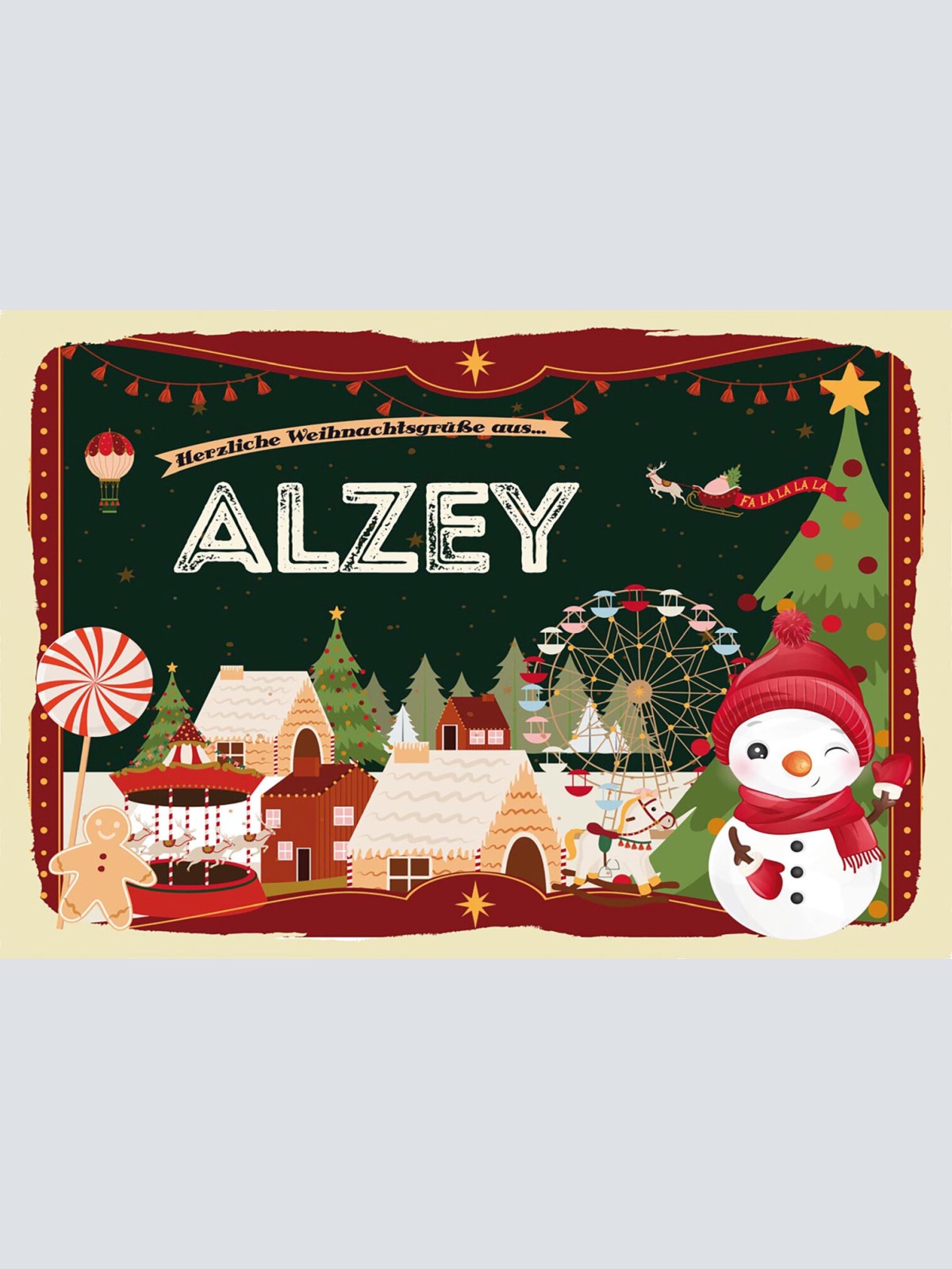 Schild Spruch Herzliche Weihnachtsgrüße aus Alzey Comic Schneemann JW