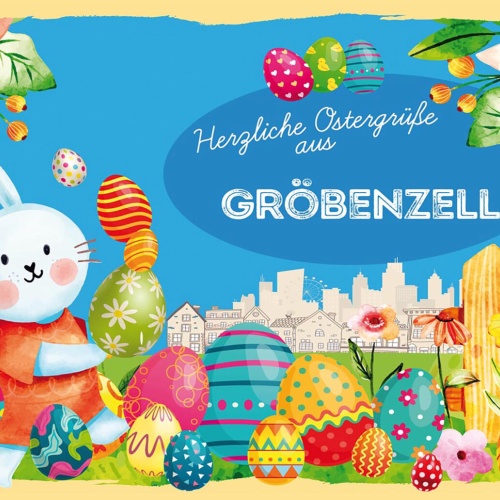 Schild Spruch Herzliche Ostergrüße aus Gröbenzell Osterhase Eier Comic JW