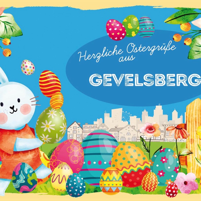 Schild Spruch Herzliche Ostergrüße aus Gevelsberg Osterhase Eier Comic JW