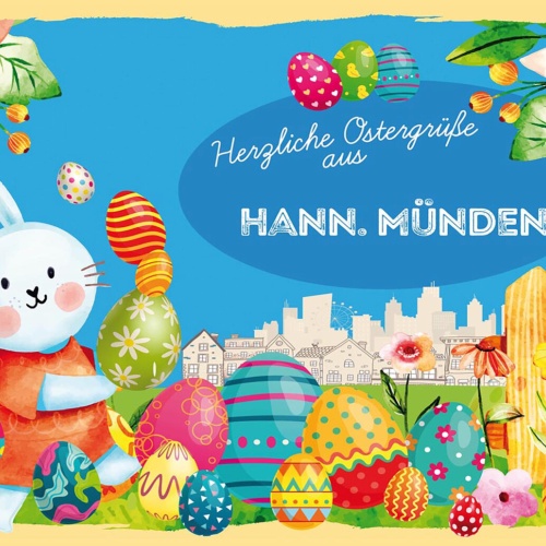 Schild Spruch Herzliche Ostergrüße aus Hann. Münden Osterhase Eier Comic JW