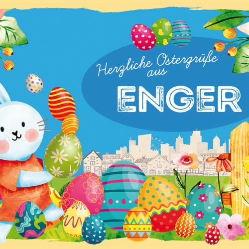 Schild Spruch Herzliche Ostergrüße aus Enger Osterhase Eier Comic JW