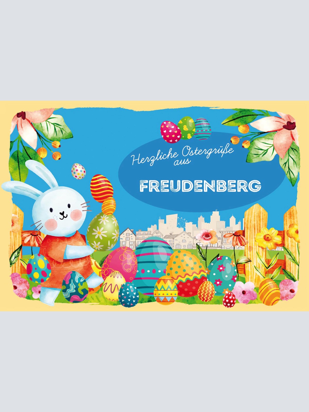 Schild Spruch Herzliche Ostergrüße aus Freudenberg Osterhase Eier Comic JW