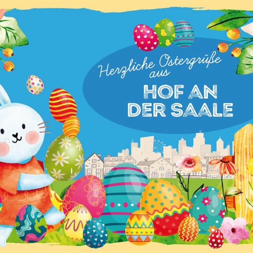 Schild Spruch Herzliche Ostergrüße aus Hof an der Saale Osterhase Eier Comic JW