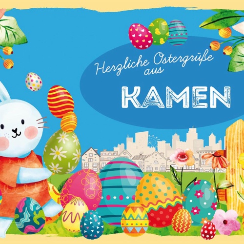 Schild Spruch Herzliche Ostergrüße aus Kamen Osterhase Eier Comic JW